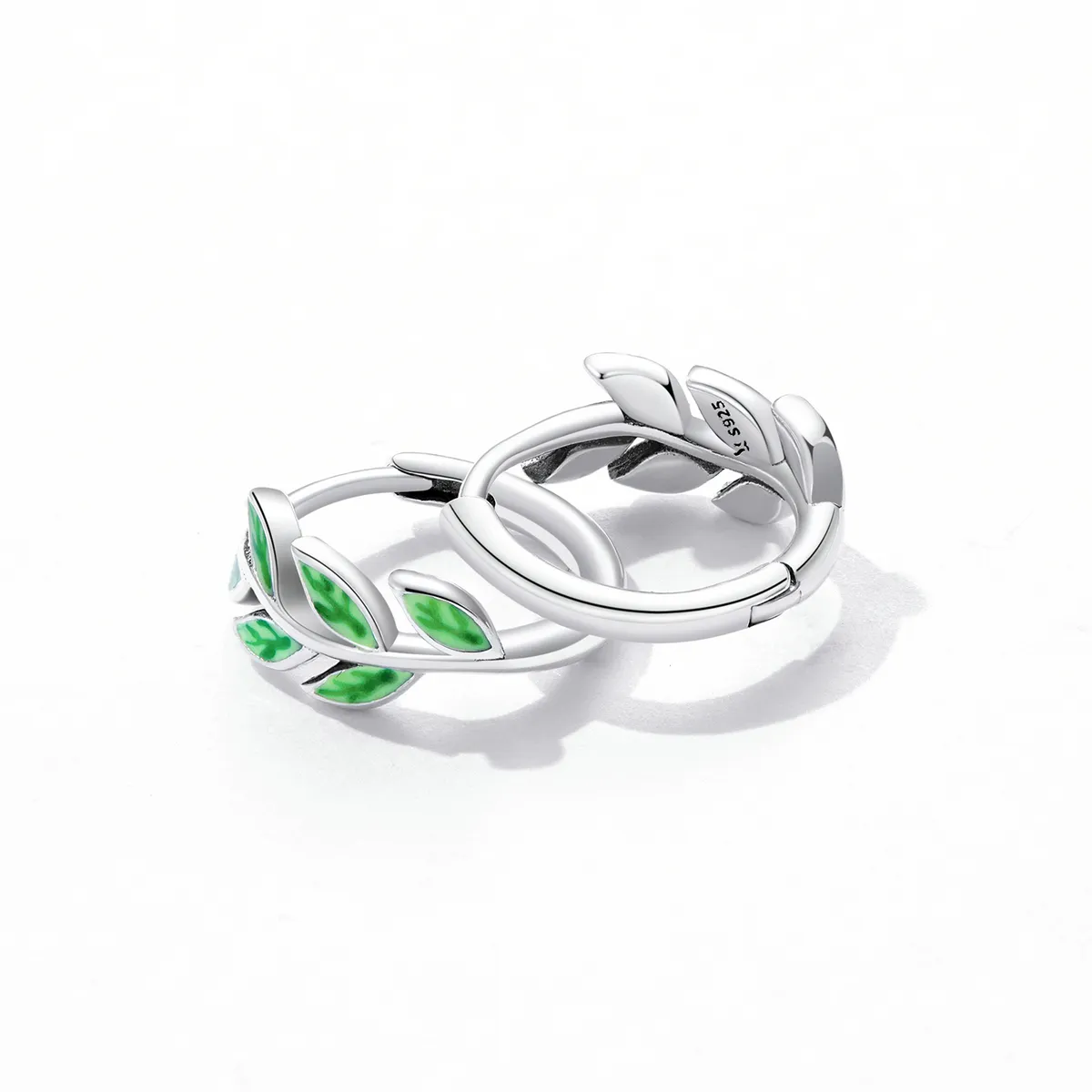 Pandora Style Green Leaves Hoop Earrings - SCE1392