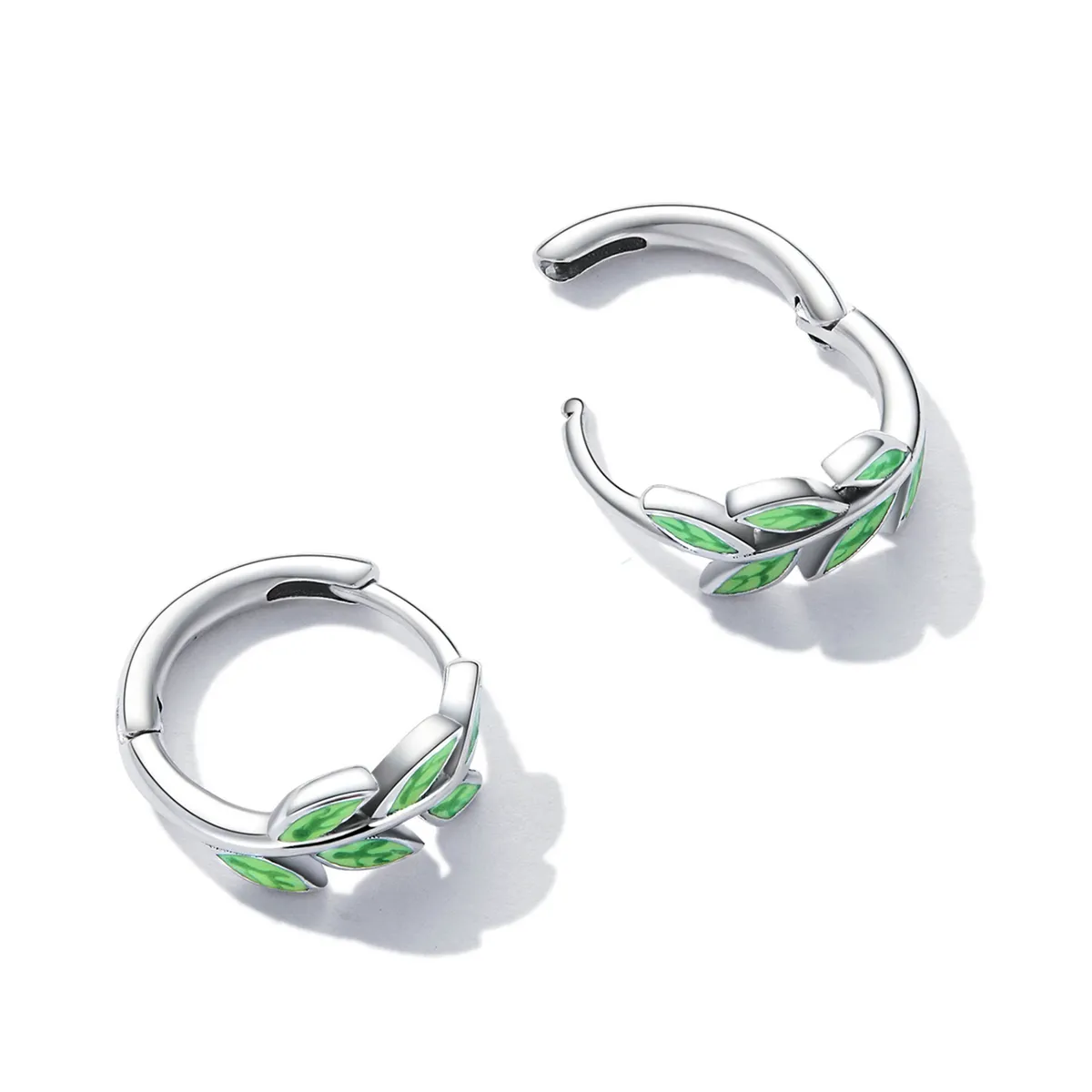 Pandora Style Green Leaves Hoop Earrings - SCE1392