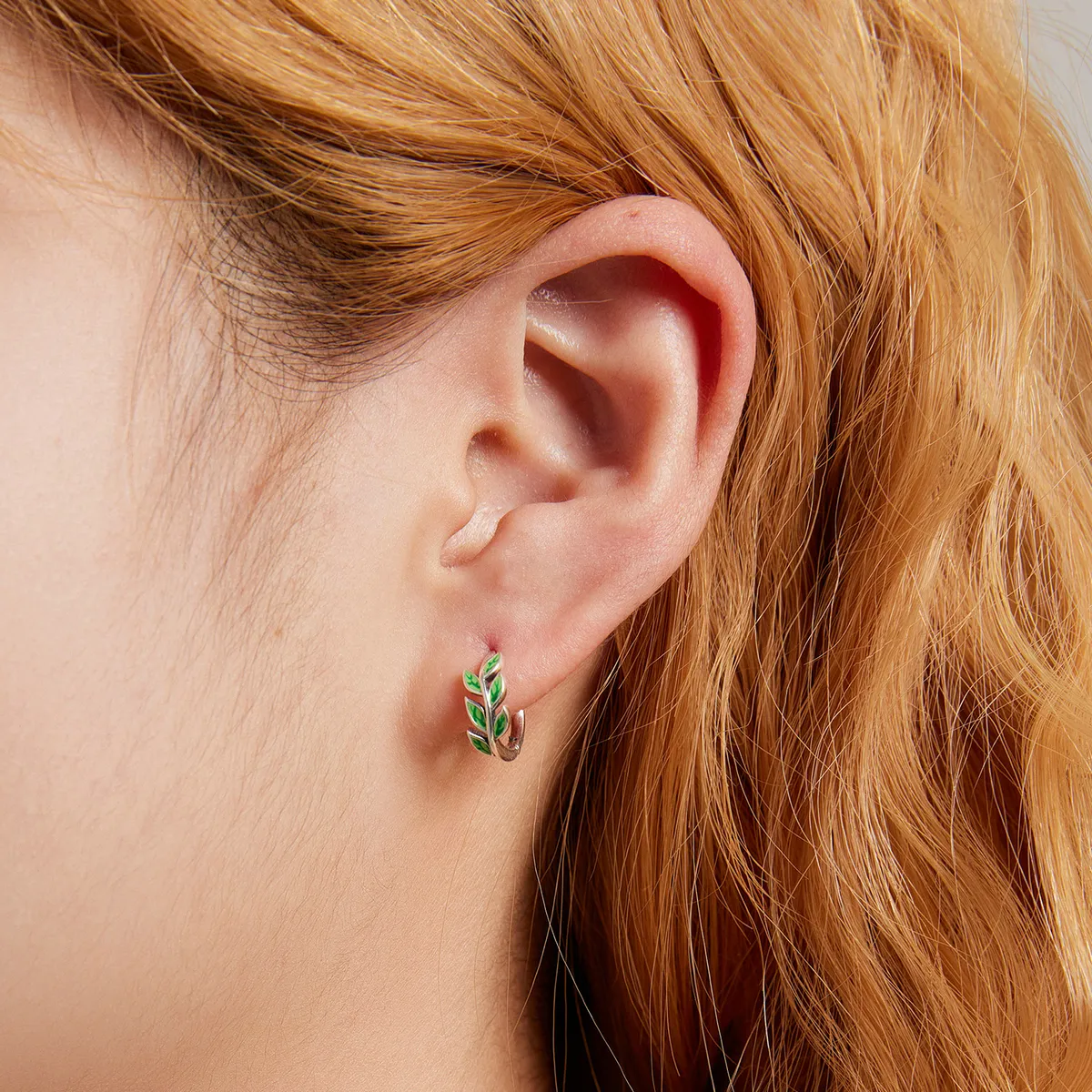 Pandora Style Green Leaves Hoop Earrings - SCE1392