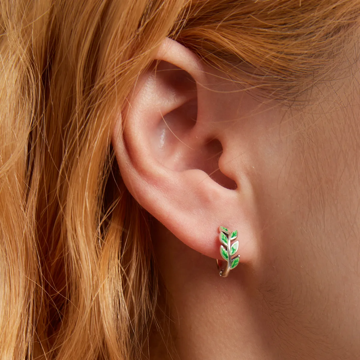 Pandora Style Green Leaves Hoop Earrings - SCE1392