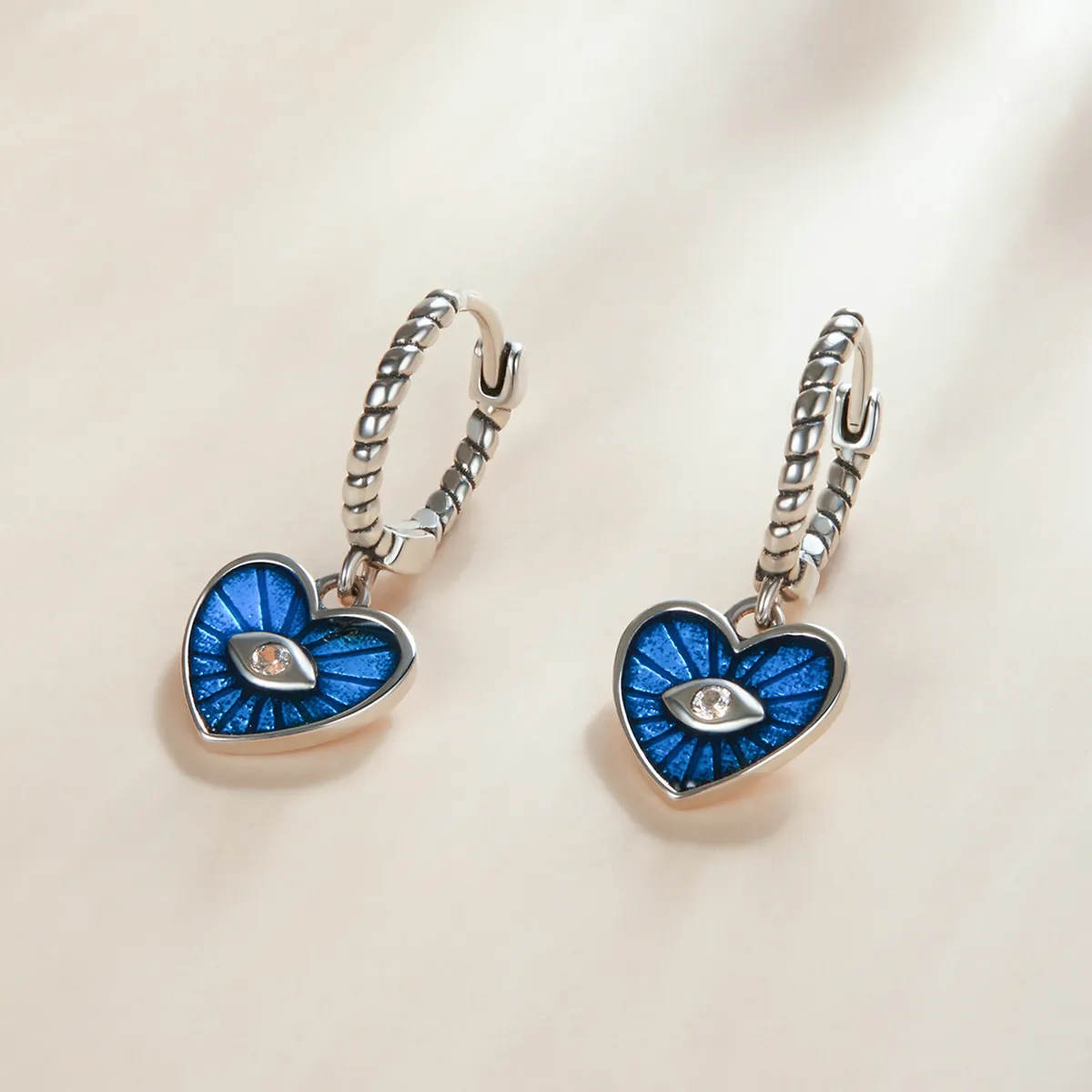 Pandora Style Heart Demon Eyes - Sapphire Blue Hoop Earrings - SCE1270-BU