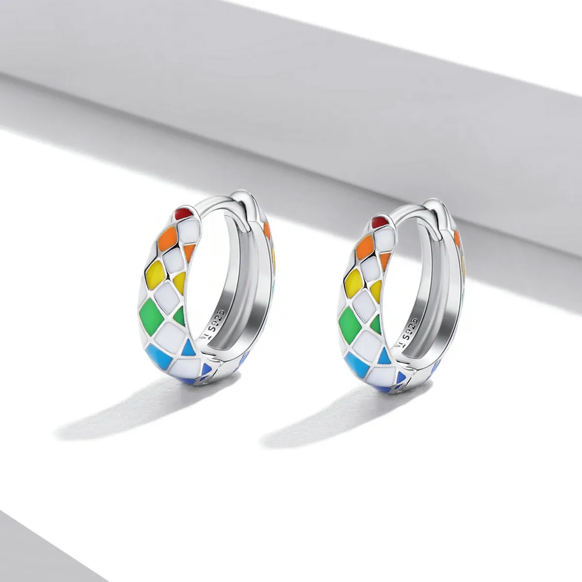 Pandora Style Rainbow Checkerboard Hoop Earrings - SCE1351