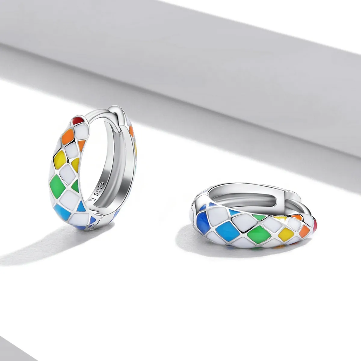 Pandora Style Rainbow Checkerboard Hoop Earrings - SCE1351