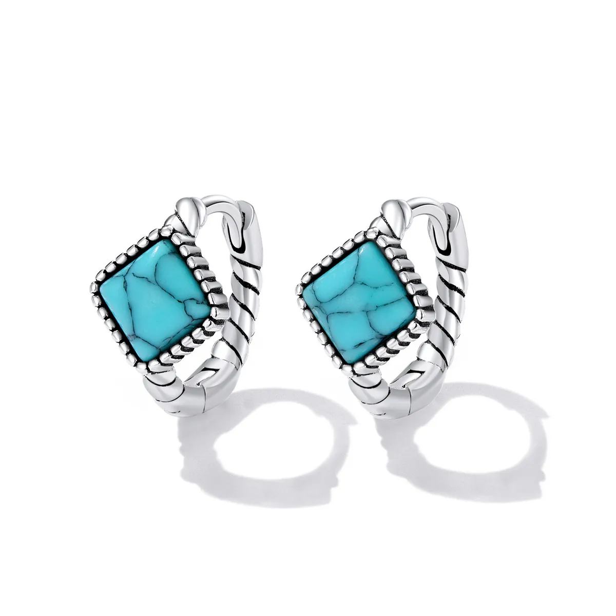 Pandora Style Square Turquoise Hoop Earrings - BSE590