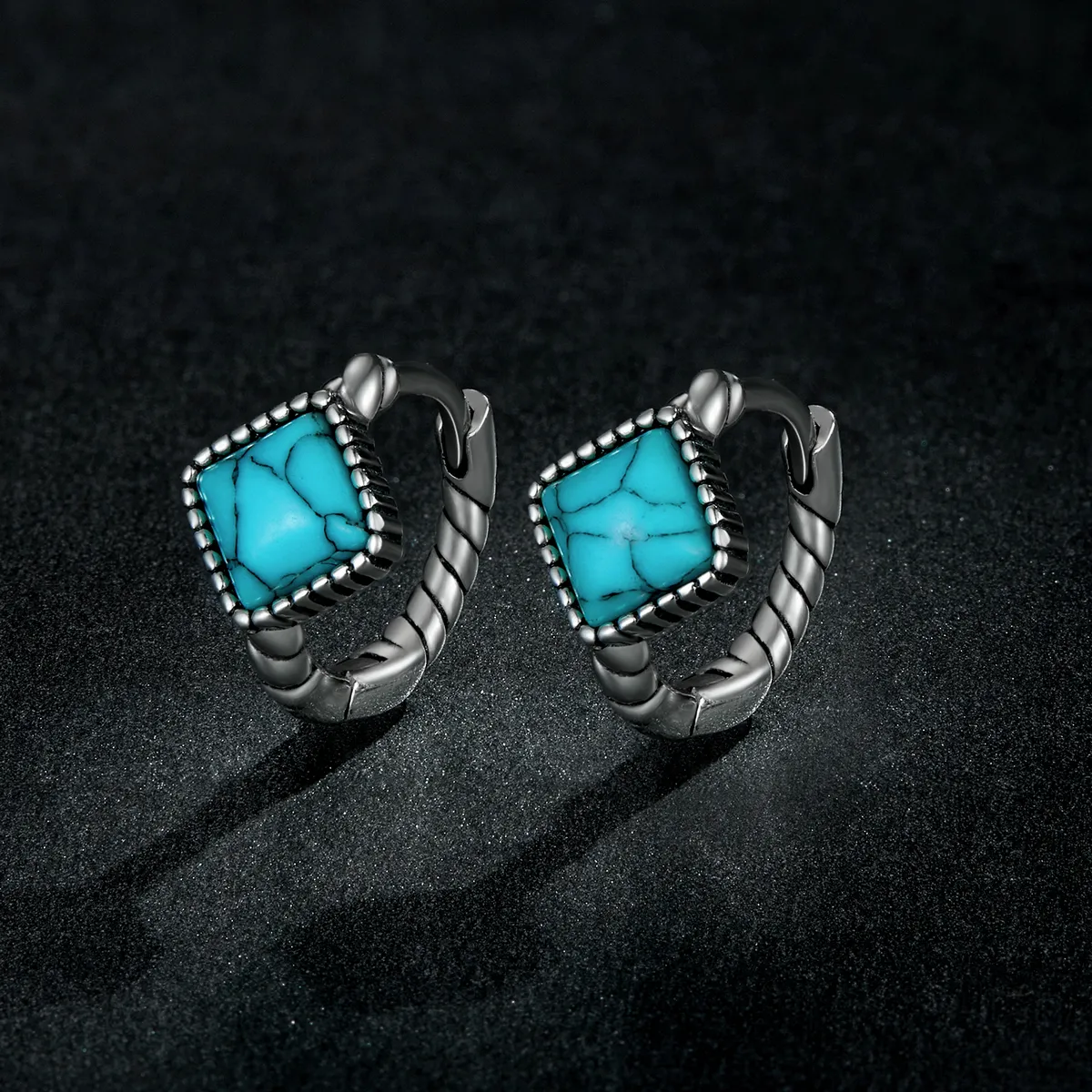 Pandora Style Square Turquoise Hoop Earrings - BSE590