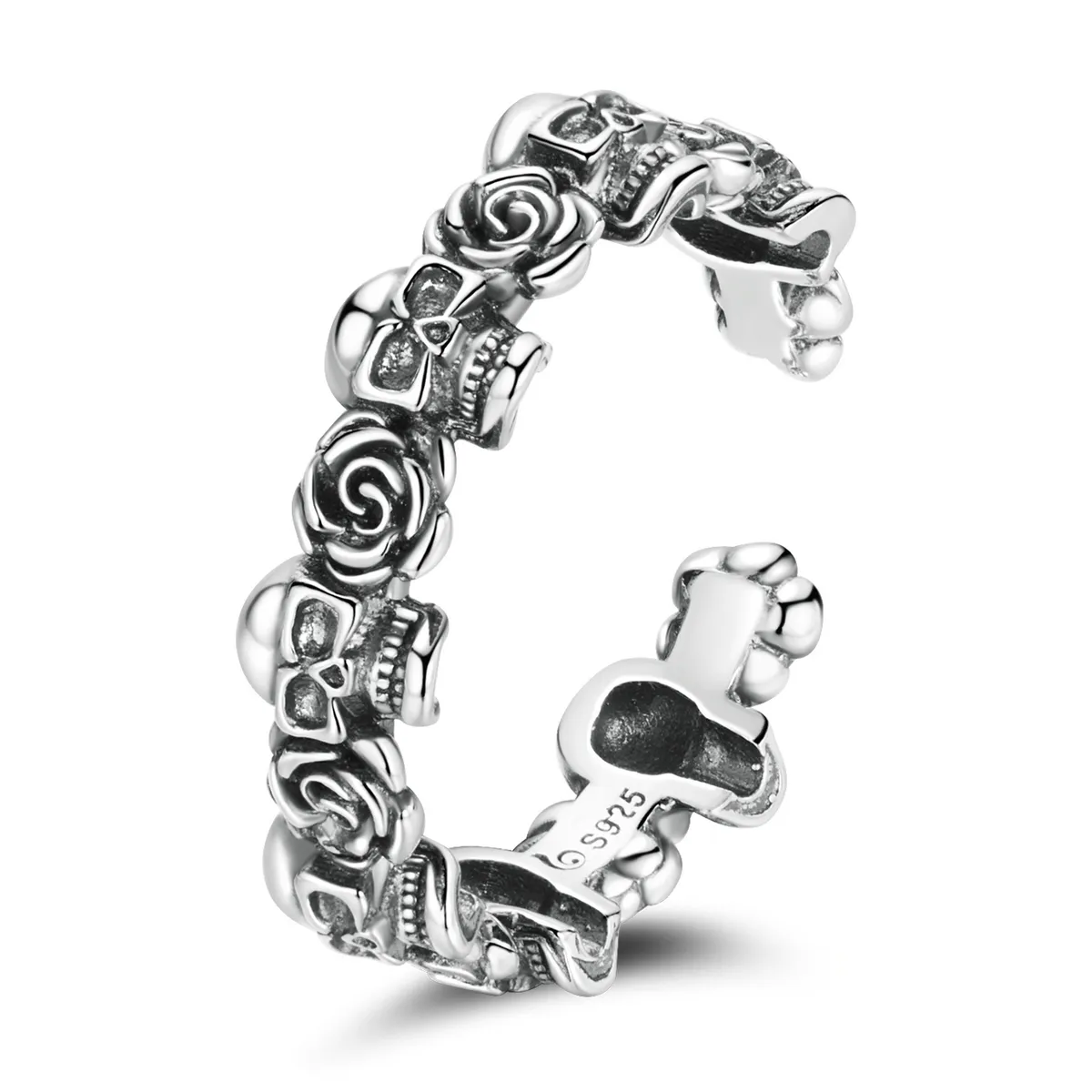 pandora style rose skull open ring bsr218