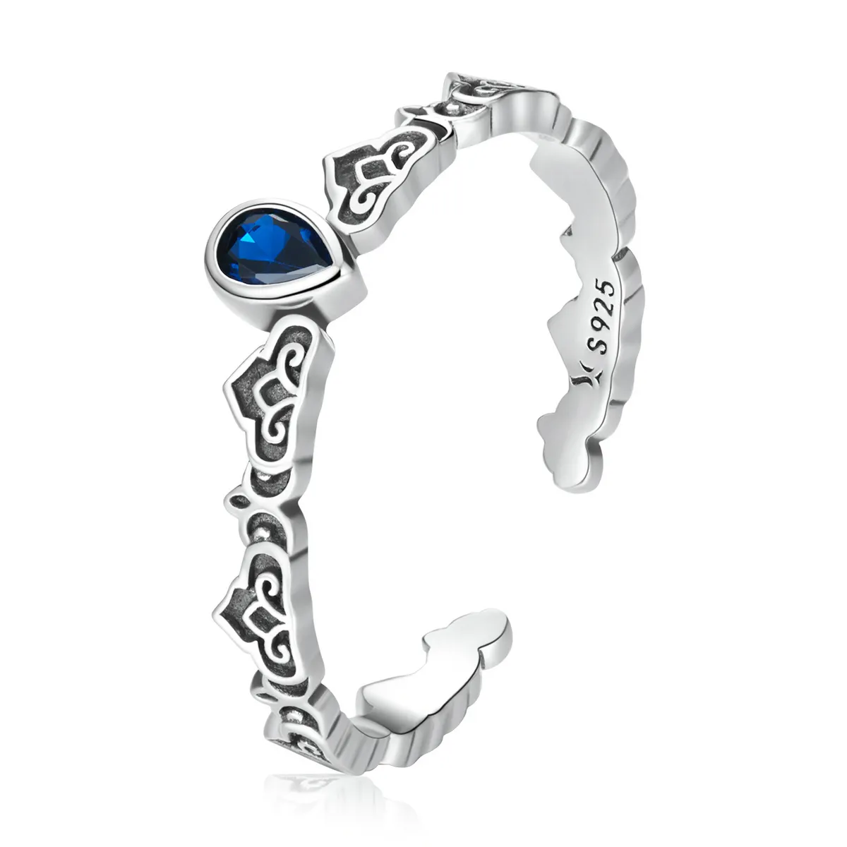 Pandora Style Vintage Pattern - Droplet Blue Stone Open Ring - SCR767