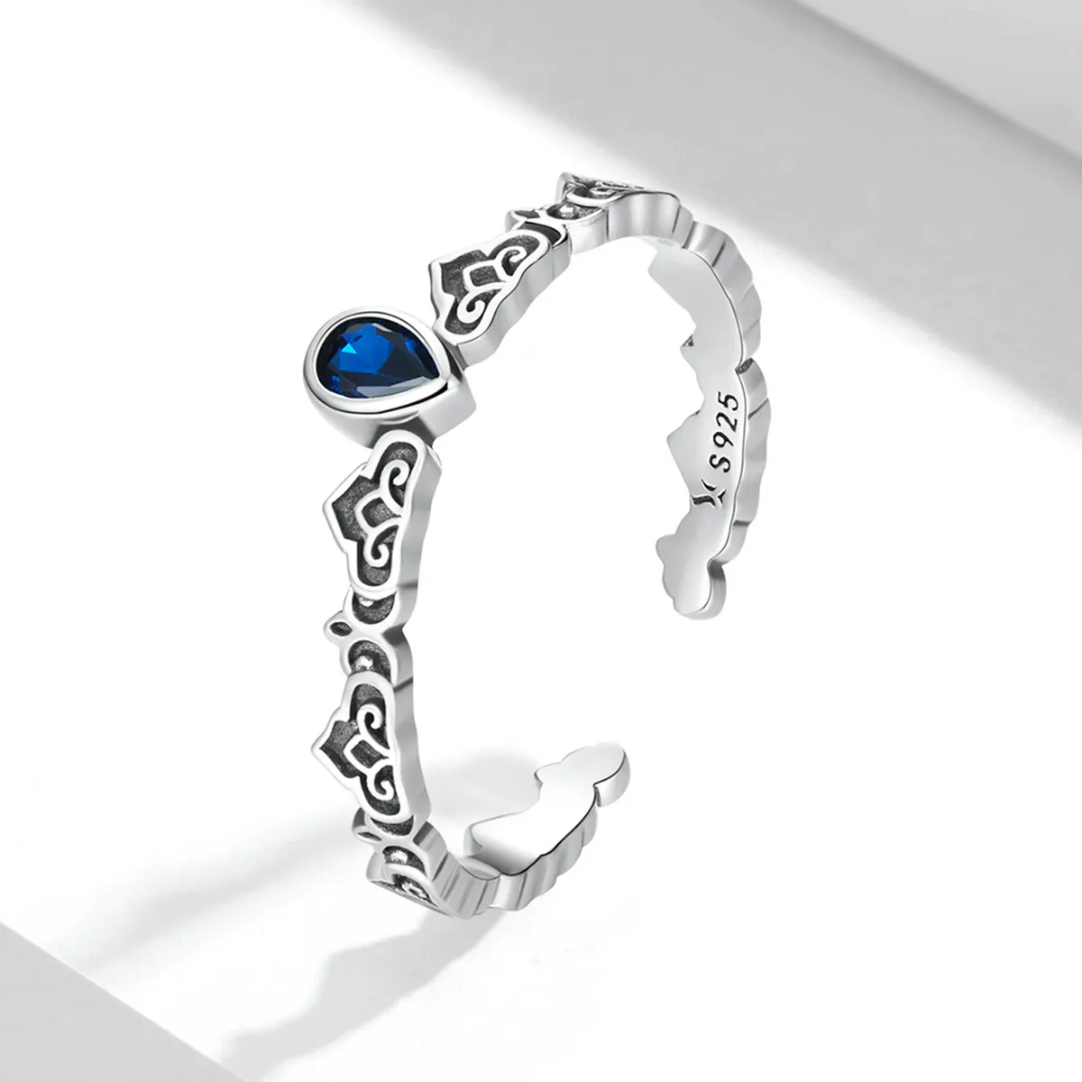 Pandora Style Vintage Pattern - Droplet Blue Stone Open Ring - SCR767