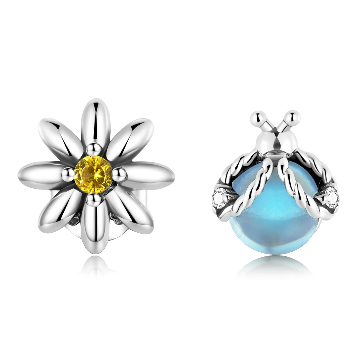 Pandora Style Asymmetric Daisy Ladybug Stud Earrings - SCE1364