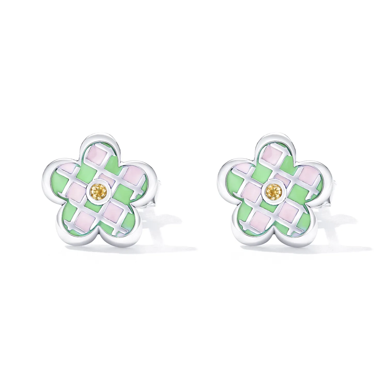 Pandora Style Checkerboard Florets Stud Earrings - SCE1387