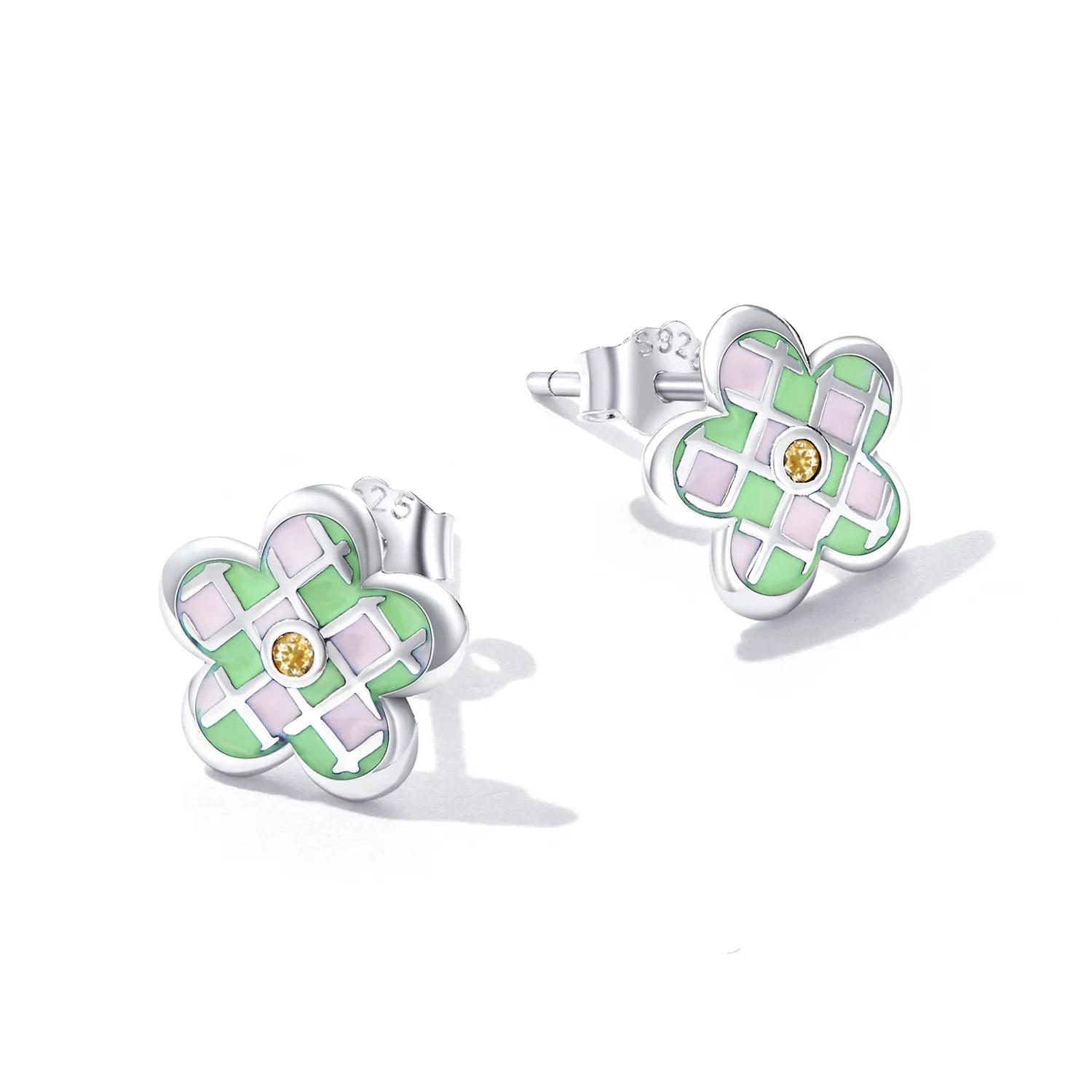 Pandora Style Checkerboard Florets Stud Earrings - SCE1387