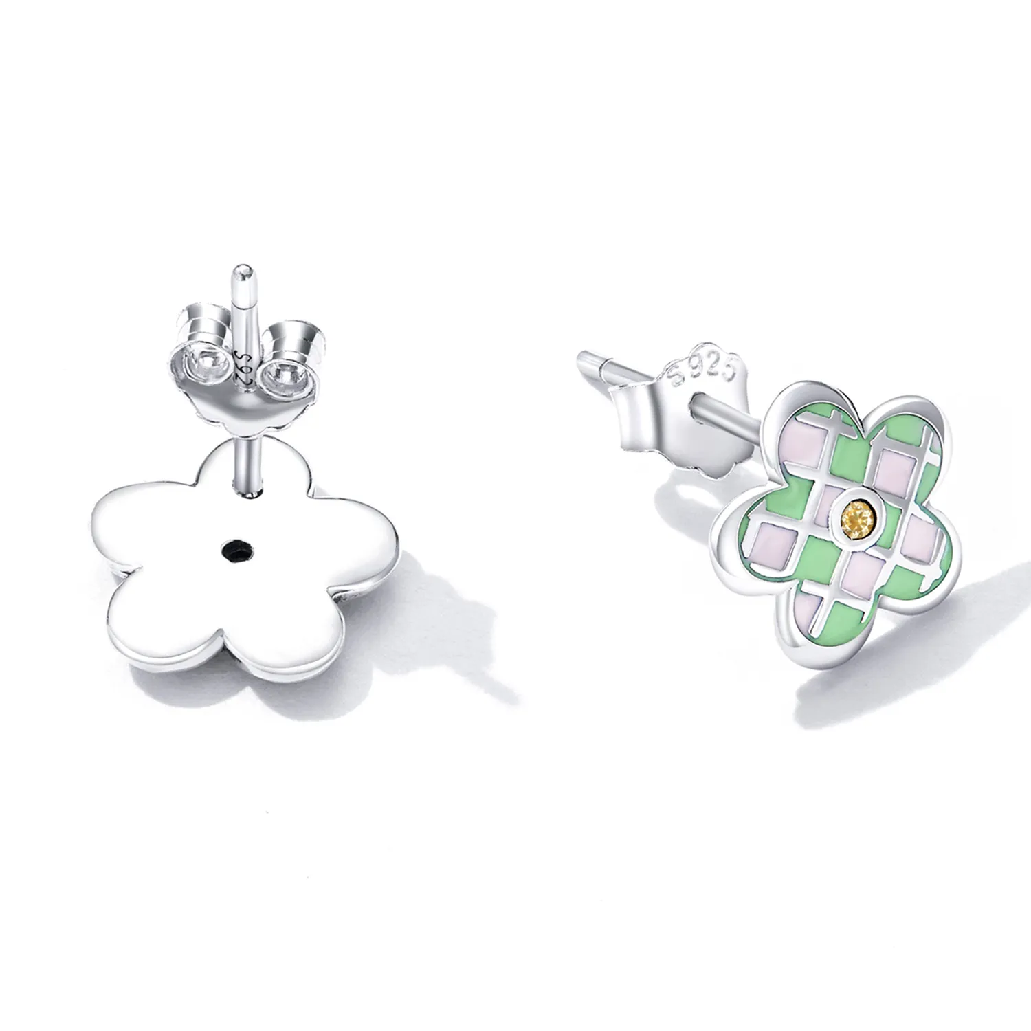 Pandora Style Checkerboard Florets Stud Earrings - SCE1387