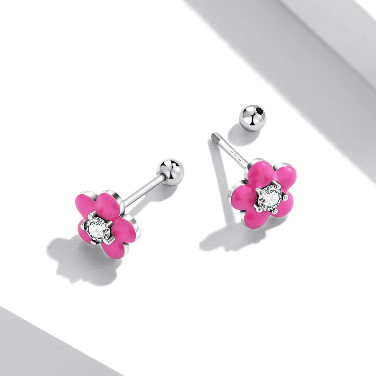 Pandora Style Fluorescent Pink Flowers Stud Earrings - SCE1353