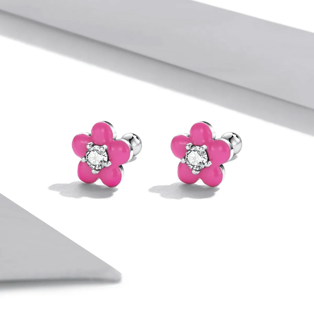 Pandora Style Fluorescent Pink Flowers Stud Earrings - SCE1353