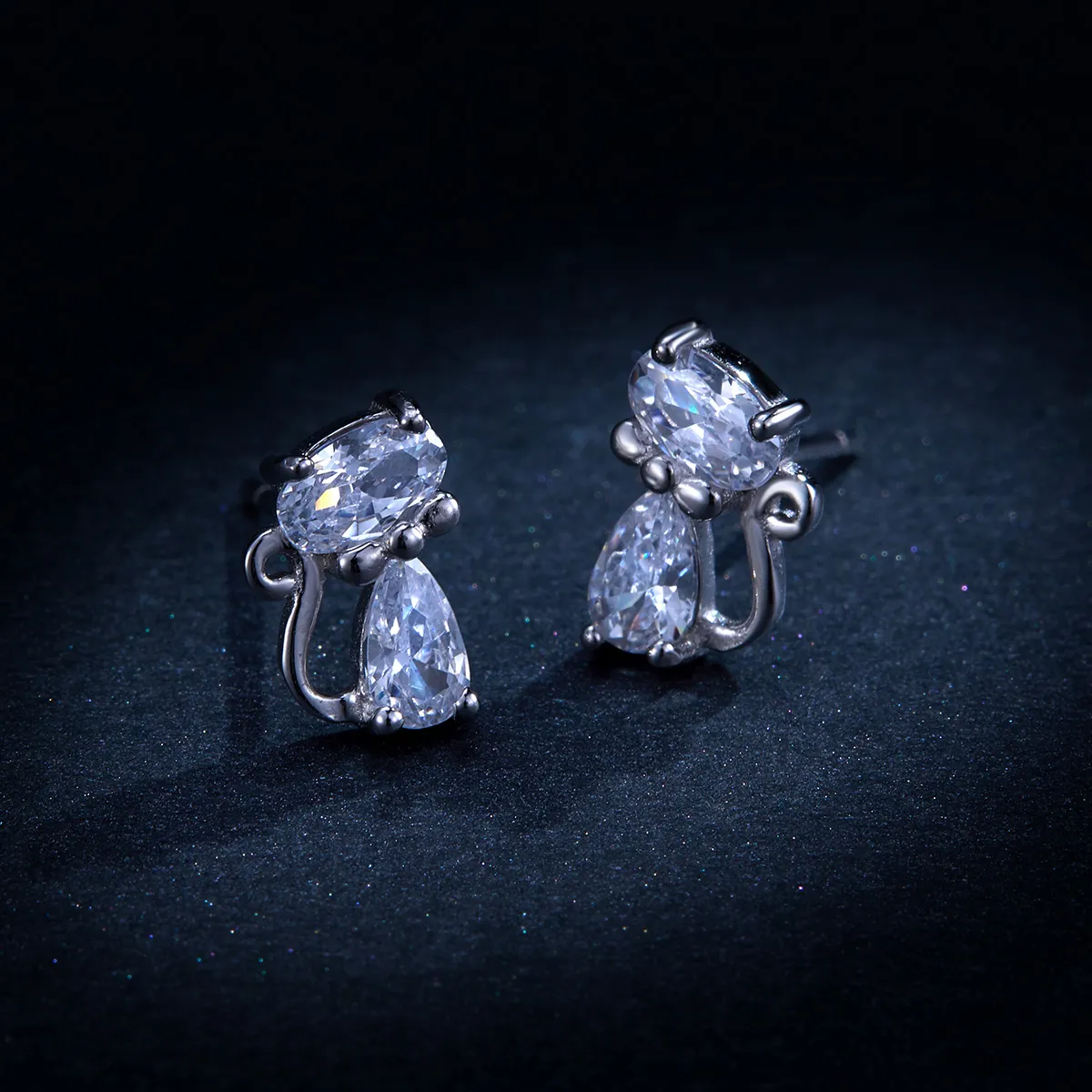 Pandora Style Four Corner Stone Kitten Stud Earrings - BSE206