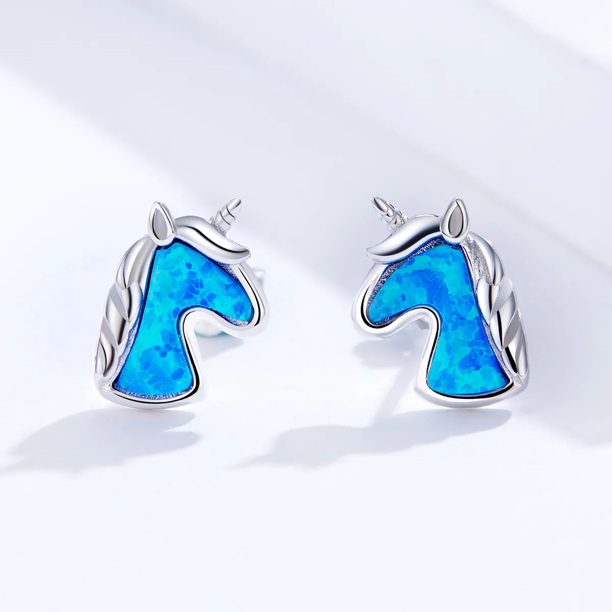 Pandora Style Light Blue Opal Unicorn Stud Earrings - SCE815-A