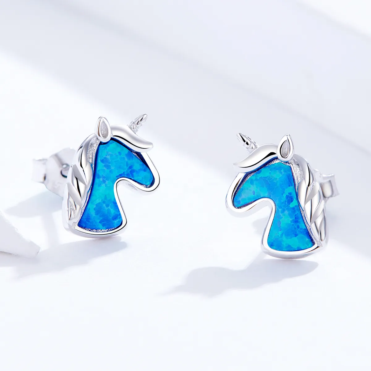 Pandora Style Light Blue Opal Unicorn Stud Earrings - SCE815-A