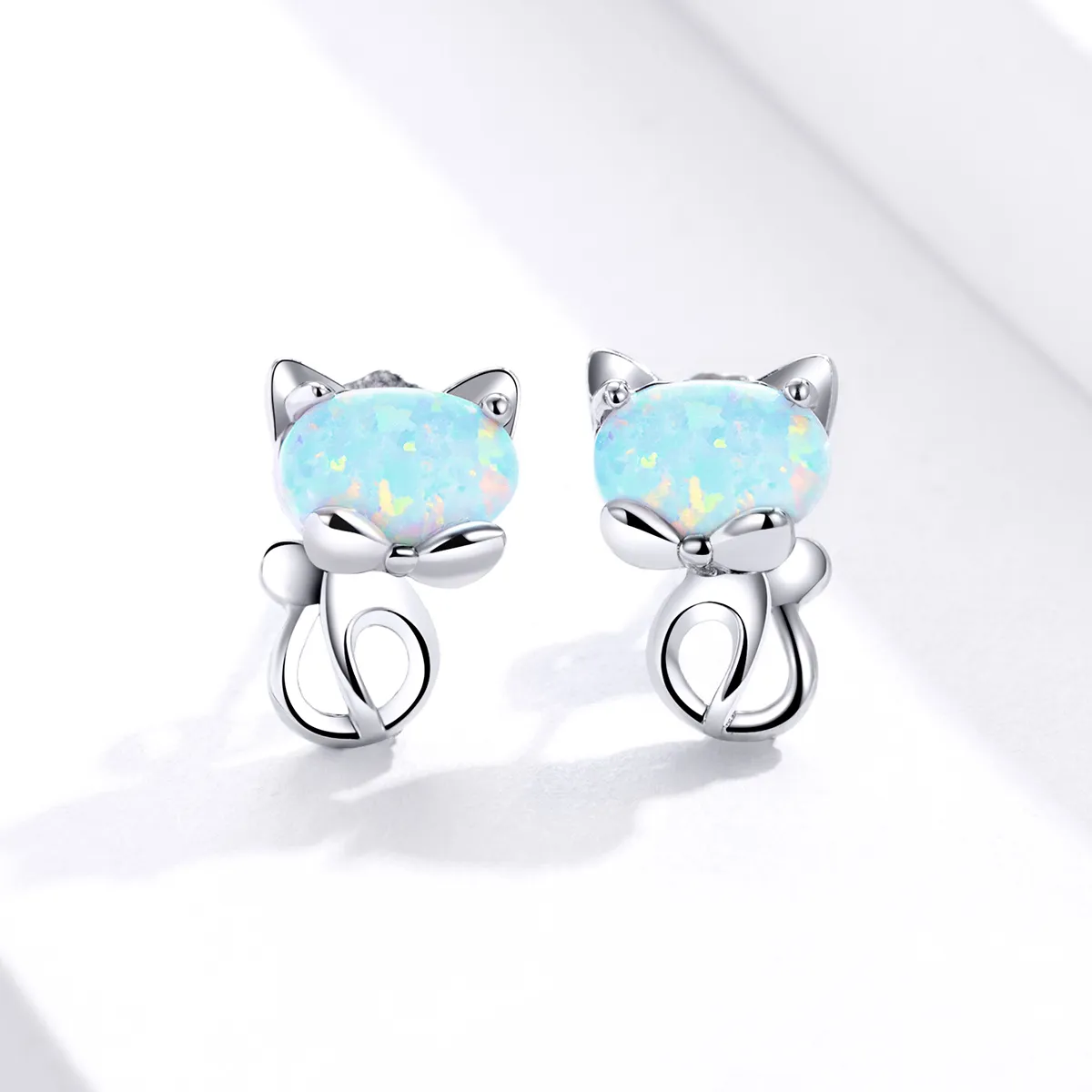 Pandora Style Opal Cute Cat Stud Earrings - SCE828