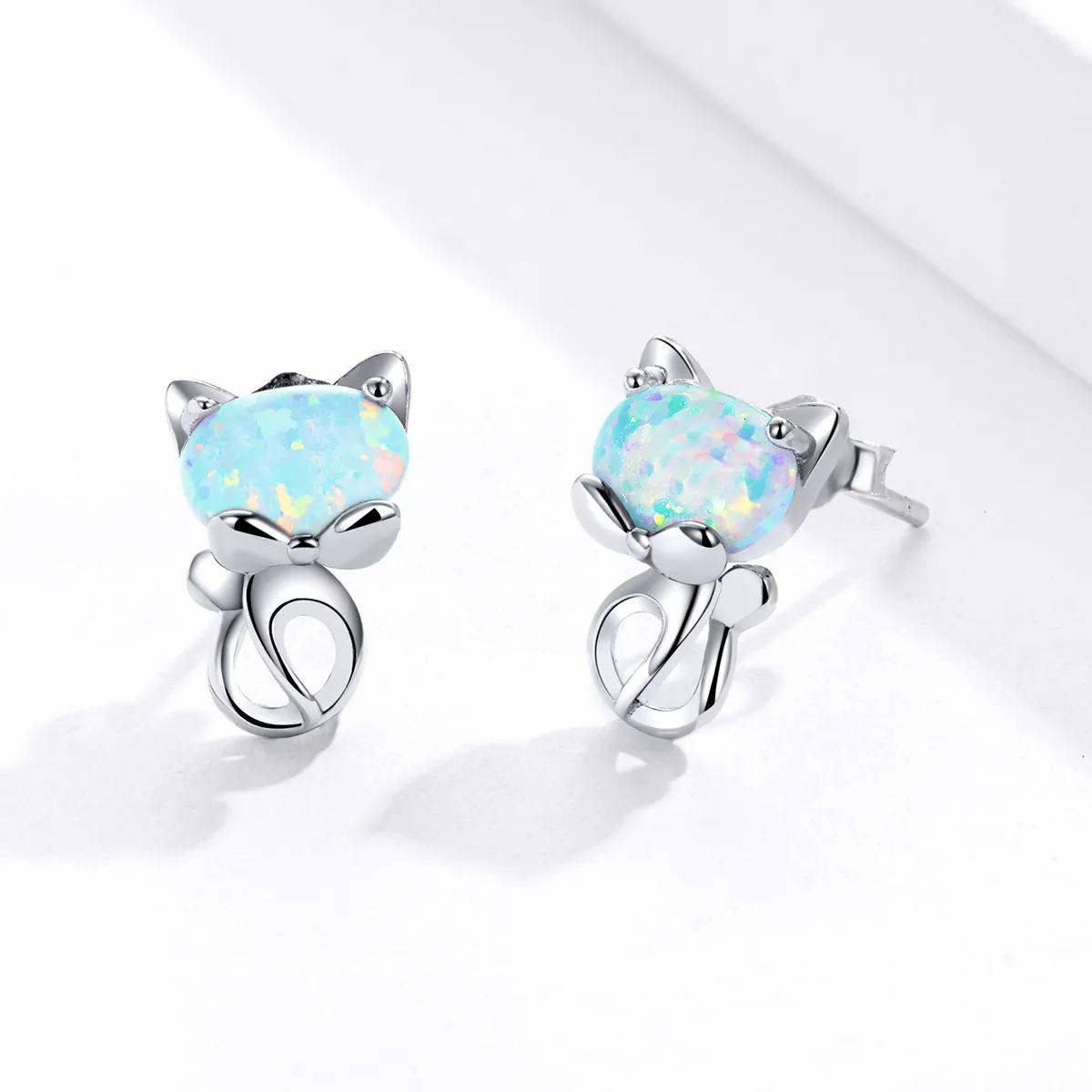 Pandora Style Opal Cute Cat Stud Earrings - SCE828