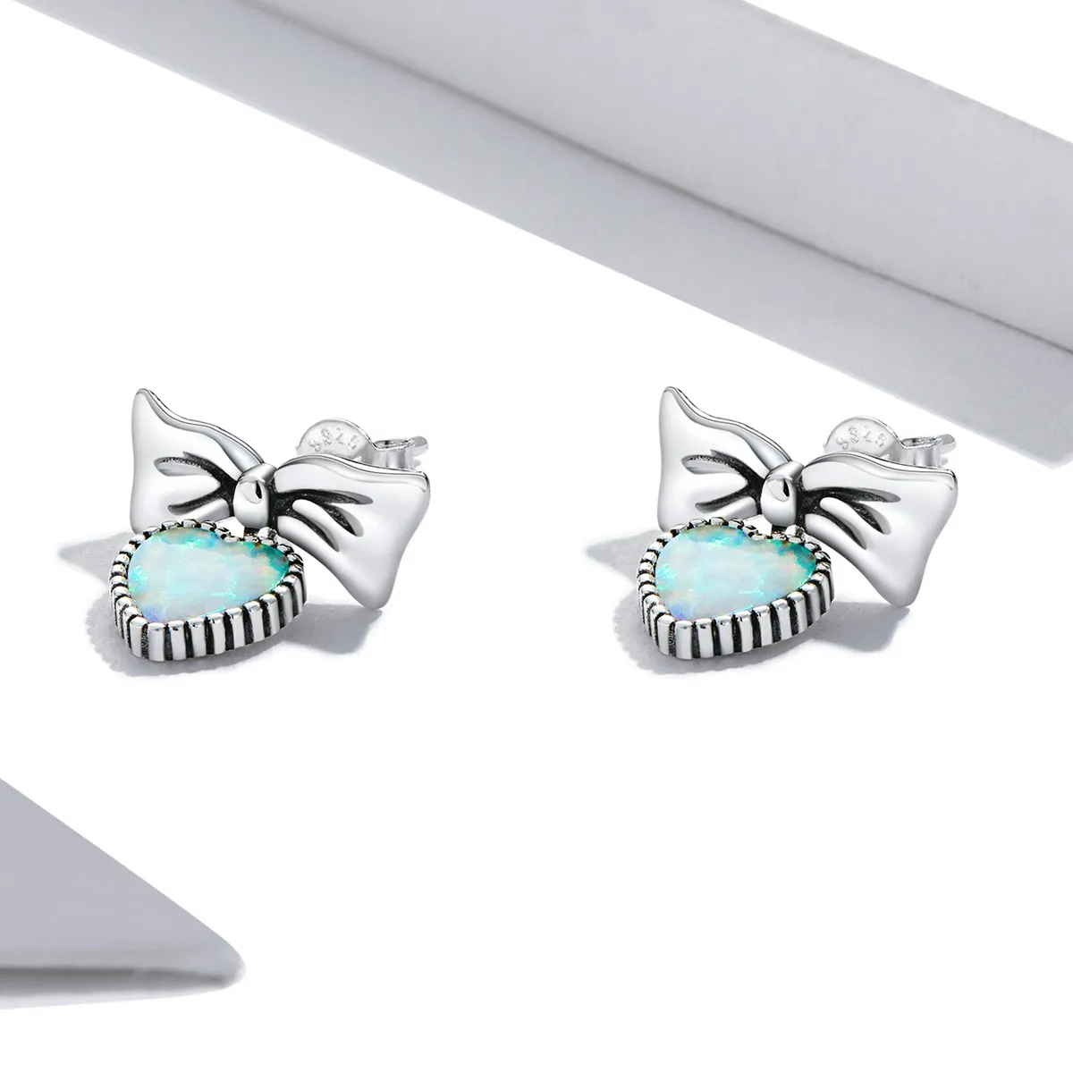 Pandora Style Opal Heart Bow Stud Earrings - SCE1374