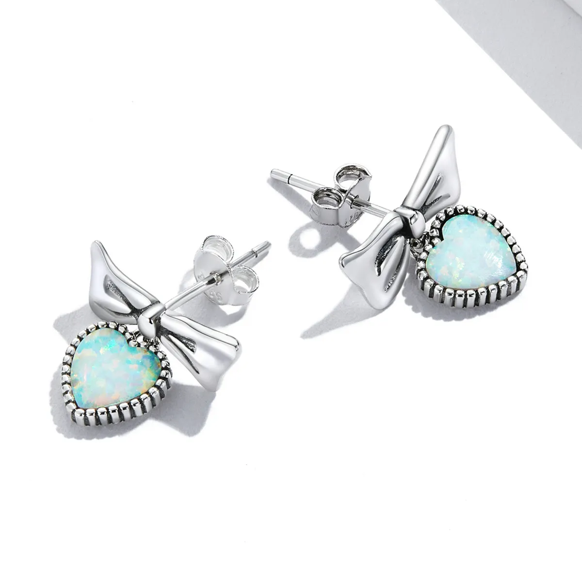 Pandora Style Opal Heart Bow Stud Earrings - SCE1374