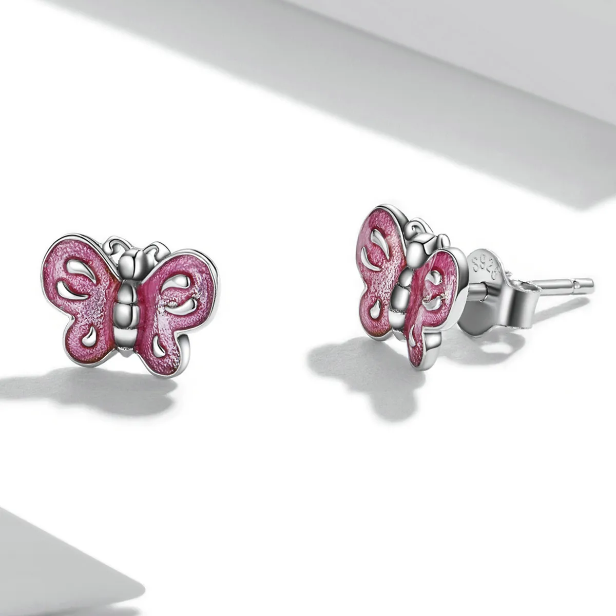 Pandora Style Pink Butterfly Stud Earrings - SCE1344