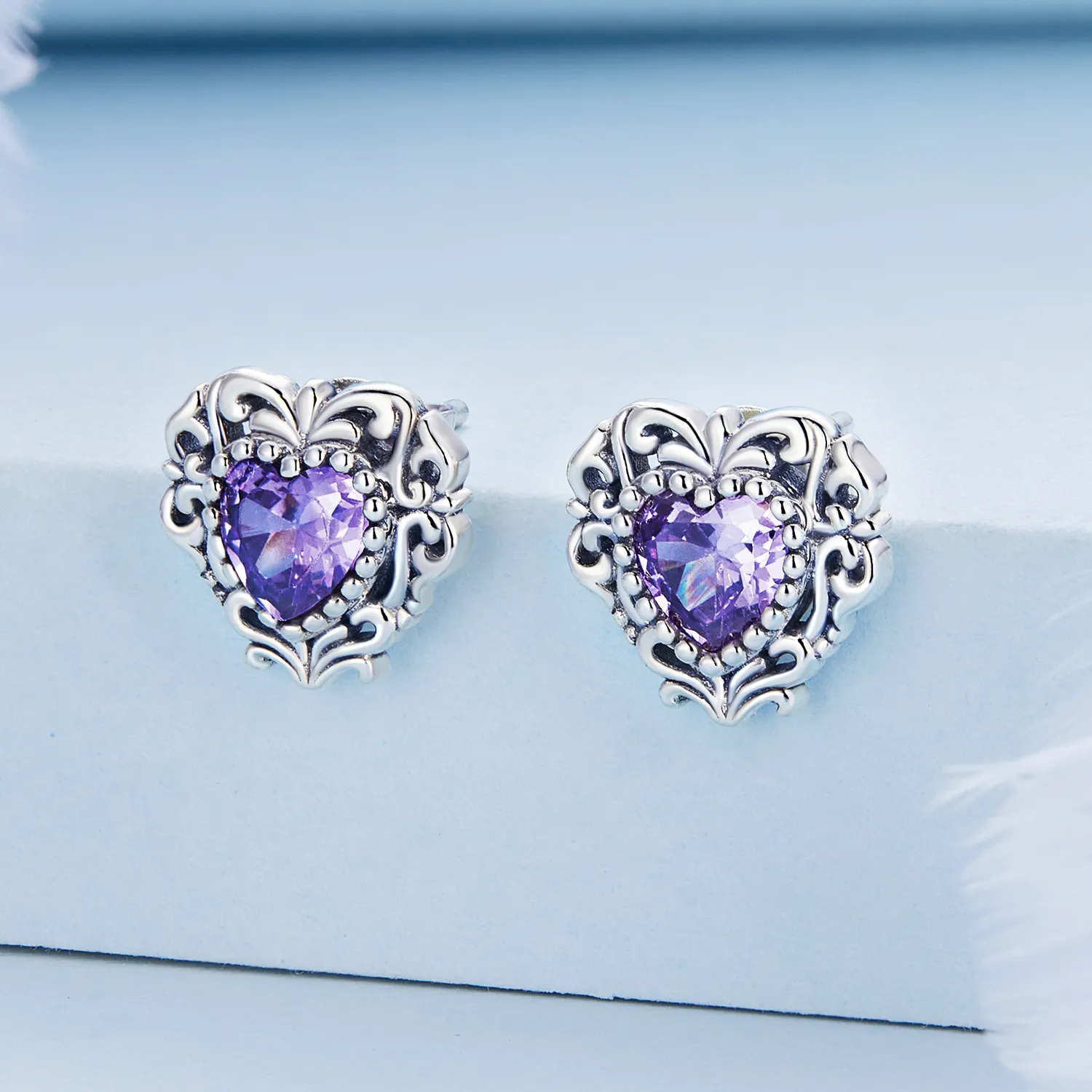 Pandora Style Purple Zircon Heart Stud Earrings - BSE695