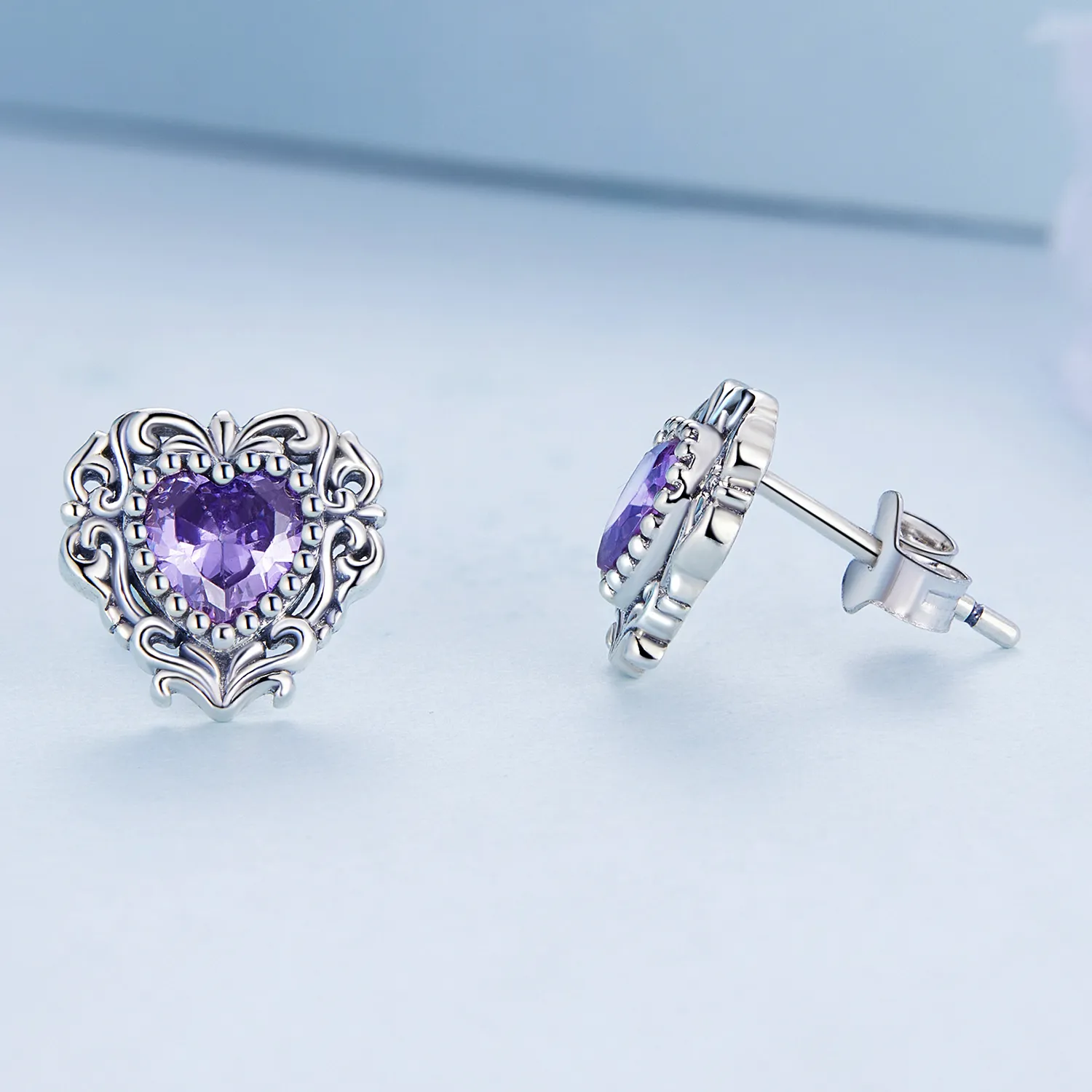 Pandora Style Purple Zircon Heart Stud Earrings - BSE695