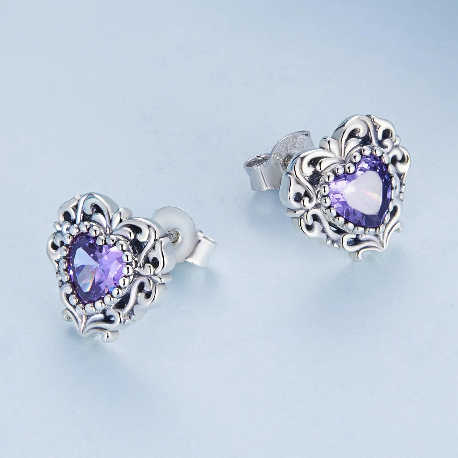 Pandora Style Purple Zircon Heart Stud Earrings - BSE695