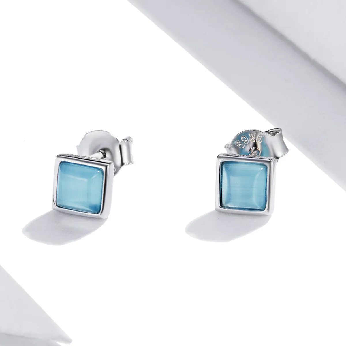 Pandora Style Simple Geometry - Blue Cat's Eye Stud Earrings - SCE1269-BU