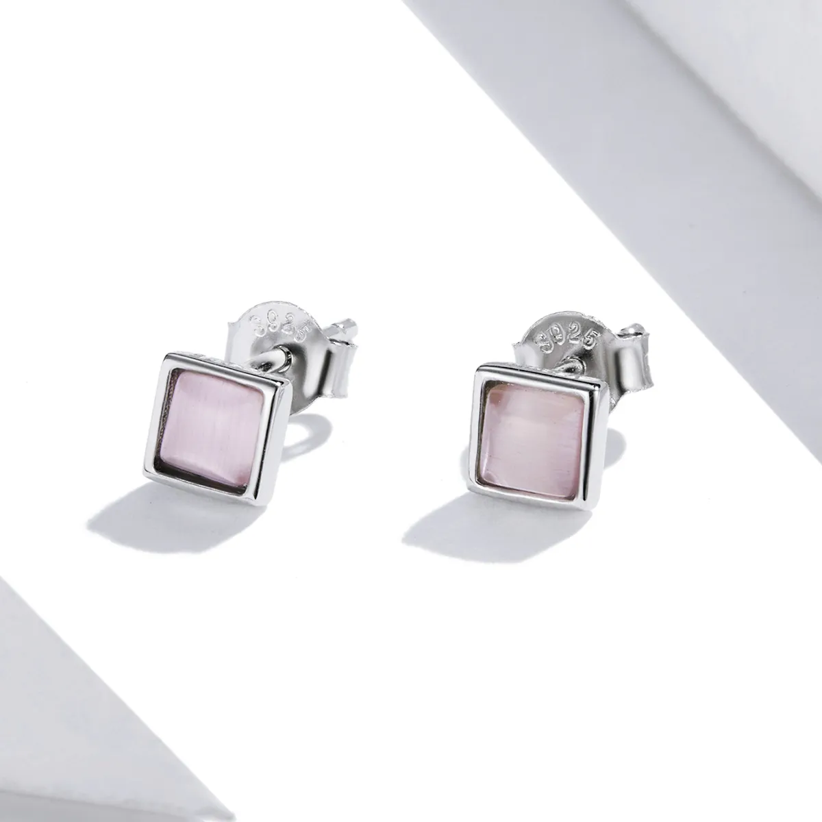 Pandora Style Simple Geometry - Pink Cat's Eye Stud Earrings - SCE1269-PK