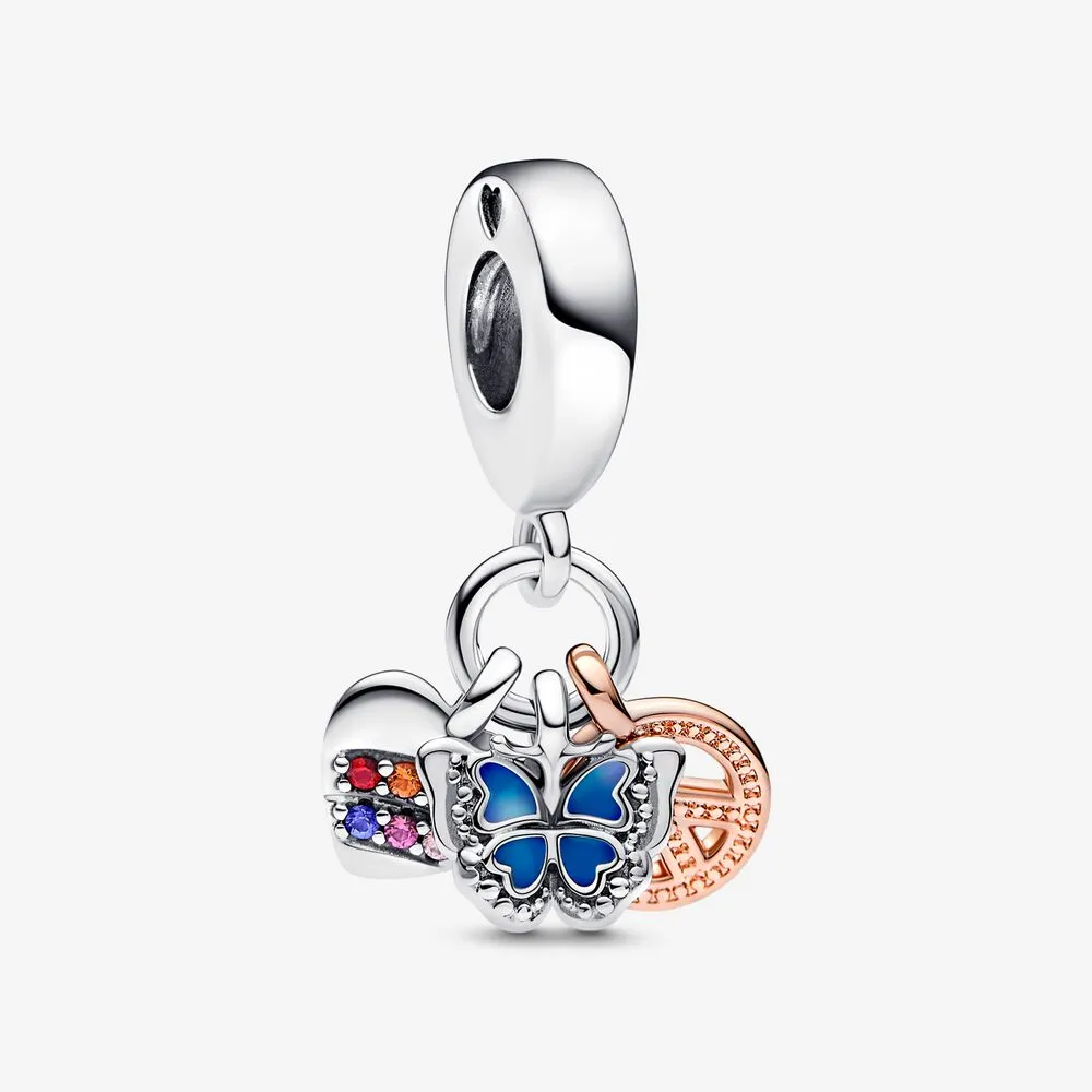 pandora twotone rainbow heart butterfly peace triple dangle charm 782572c01