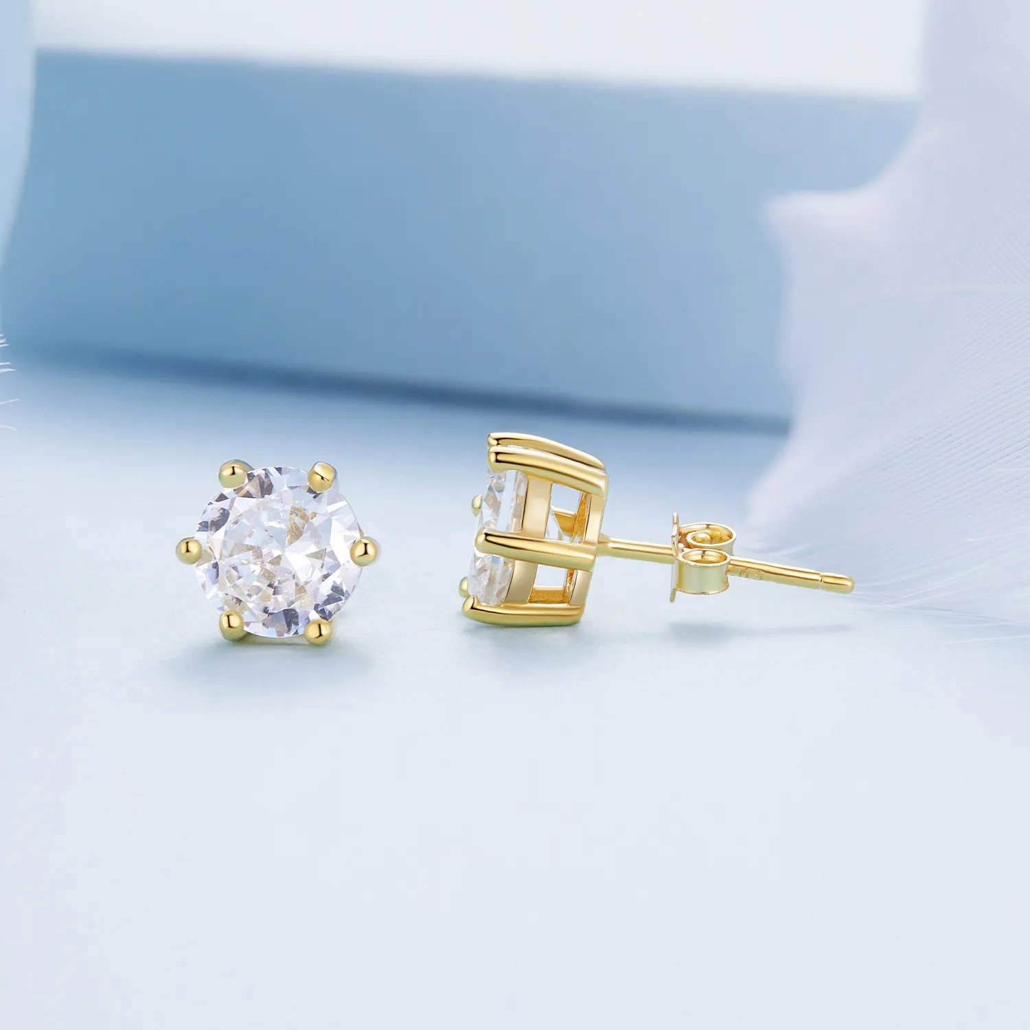 Pandora Style Gold Plated Shiny Zircon Stud Earrings - BSE615-7B