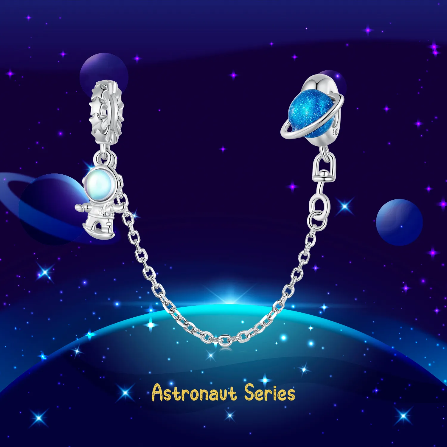 Pandora Style Astronaut and planet Safety Chain - BSC792