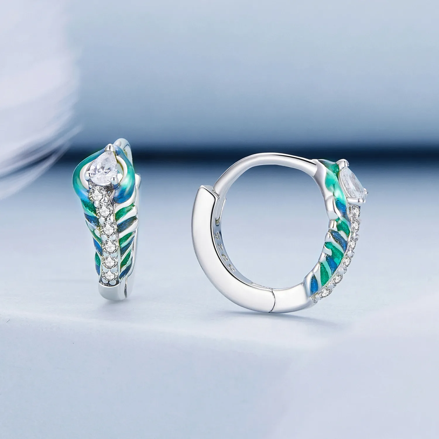 Pandora Style Feather Hoop Earrings - BSE882