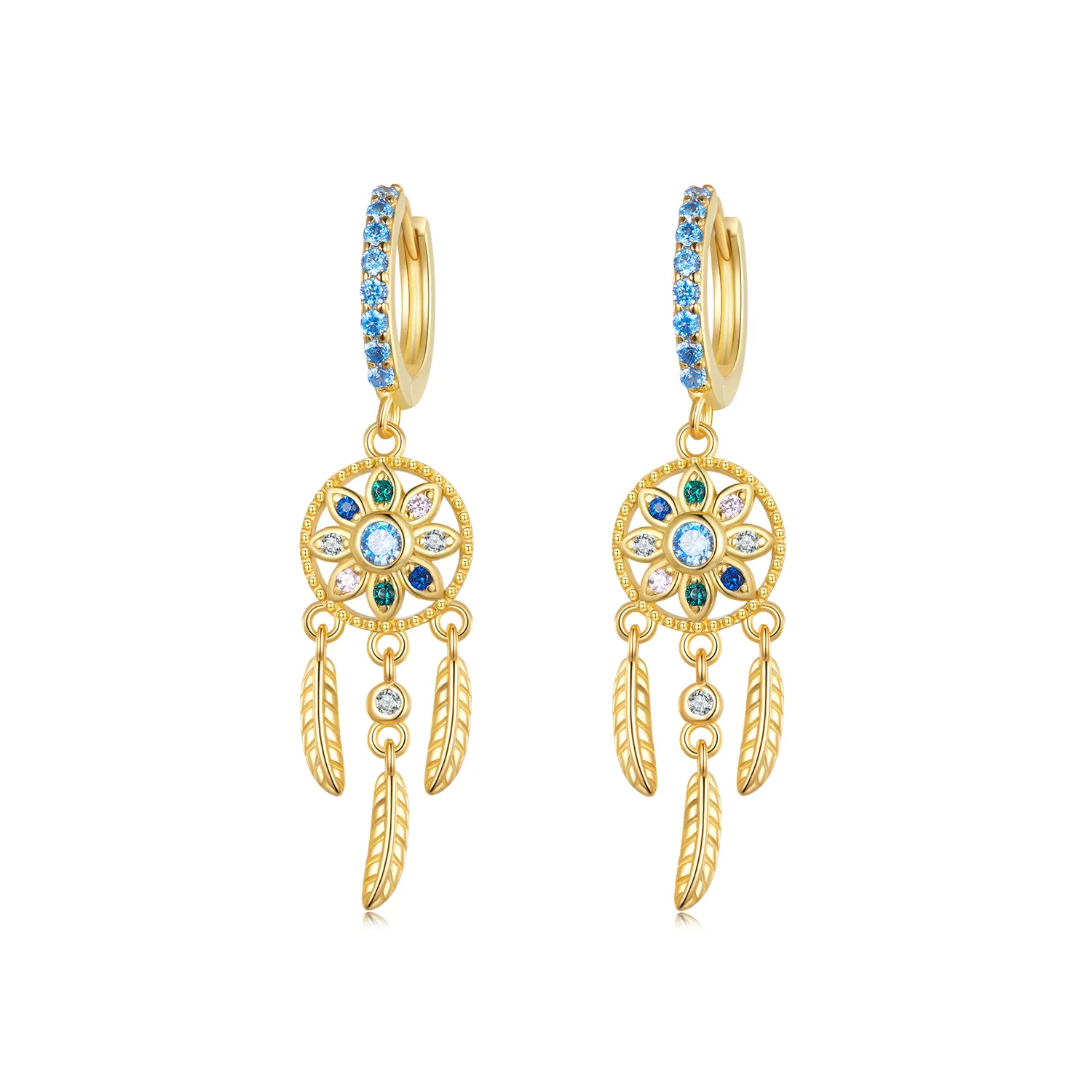 Pandora Style Golden Dreamcatcher Dangle Earrings - SCE713-B