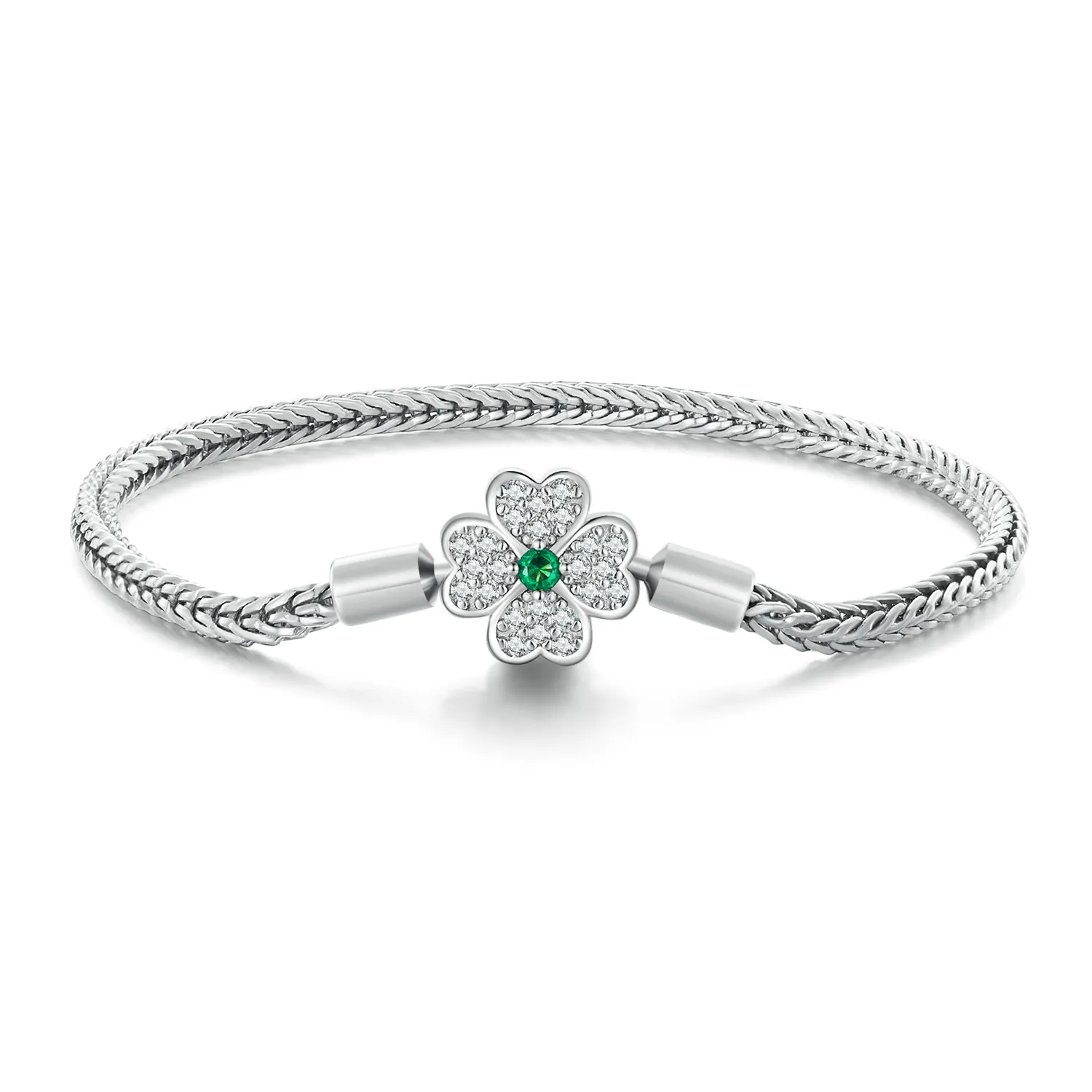 Pandora Style Green Zircon Lucky Four Leaf Clover Chain Bracelet - BSB119