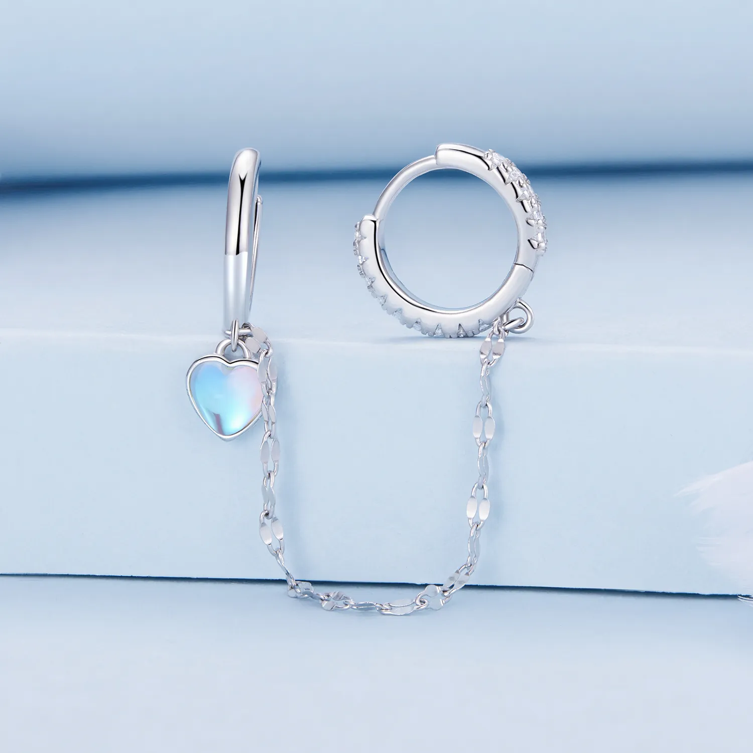 Pandora Style Heart Shaped Moonstone Chain Double Hoop Earrings - BSE809