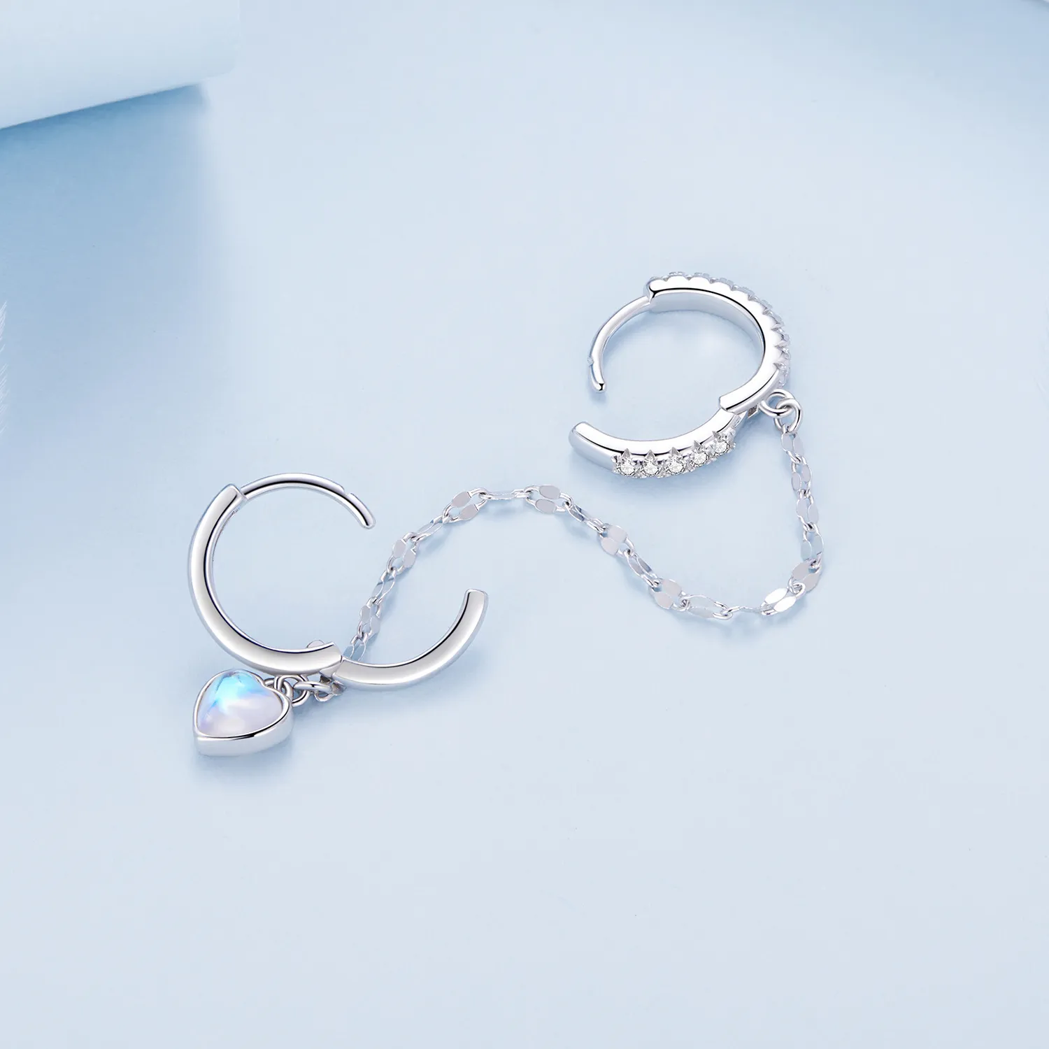 Pandora Style Heart Shaped Moonstone Chain Double Hoop Earrings - BSE809