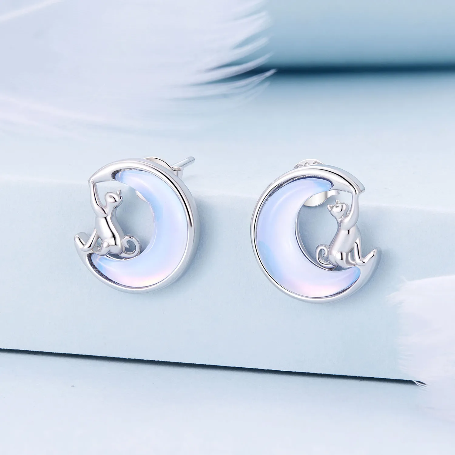 Pandora Style Moon Cat Studs Earrings - BSE913