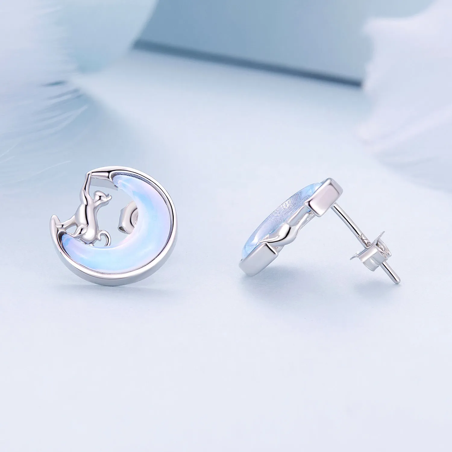 Pandora Style Moon Cat Studs Earrings - BSE913