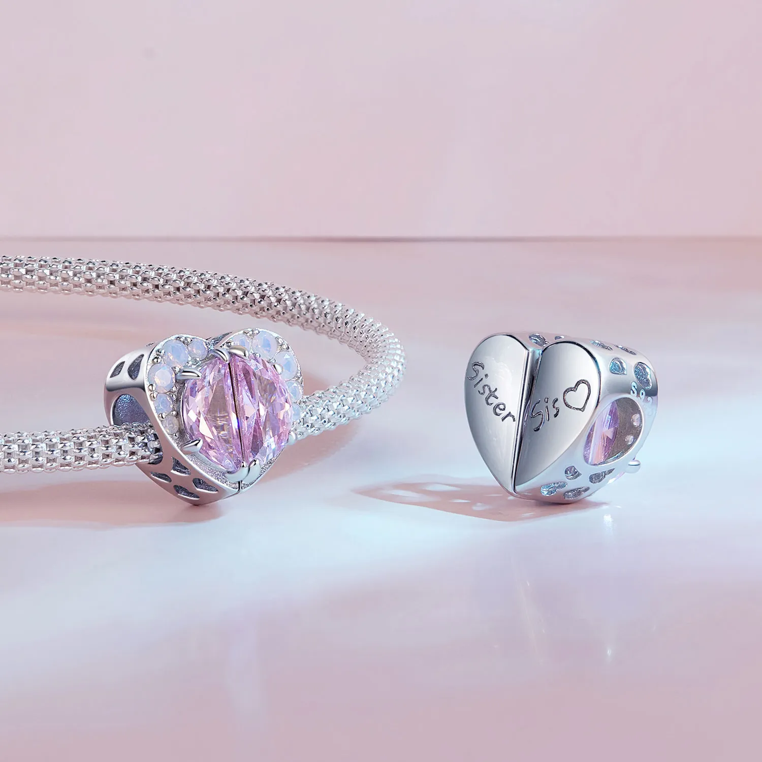 Pandora Style Pink Sisters Heart Charm - SCC2641