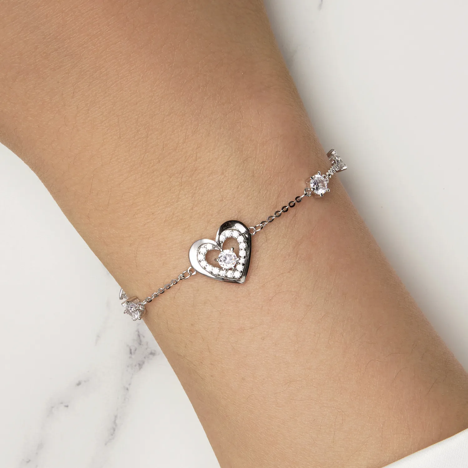 Pandora Style Shining Double Heart Chain Bracelet - BSB136