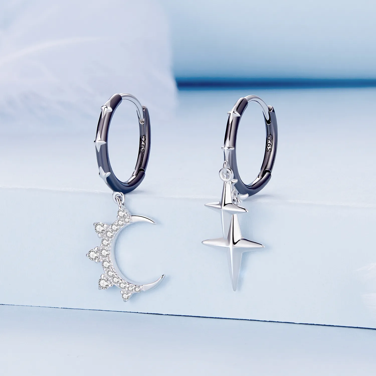 Pandora Style Stars and Moon Shine Hoop Earrings - BSE805