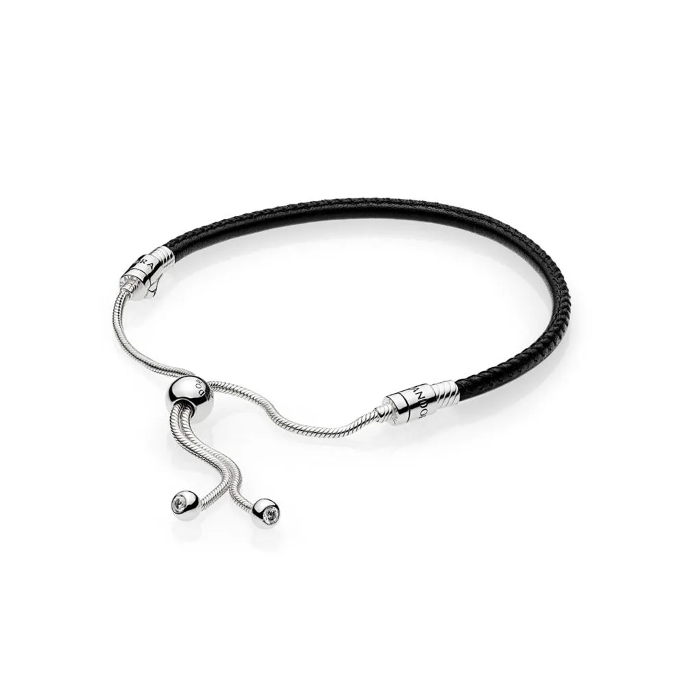 PANDORA Sliding Black Leather Bracelet, Clear CZ - 597225CBK