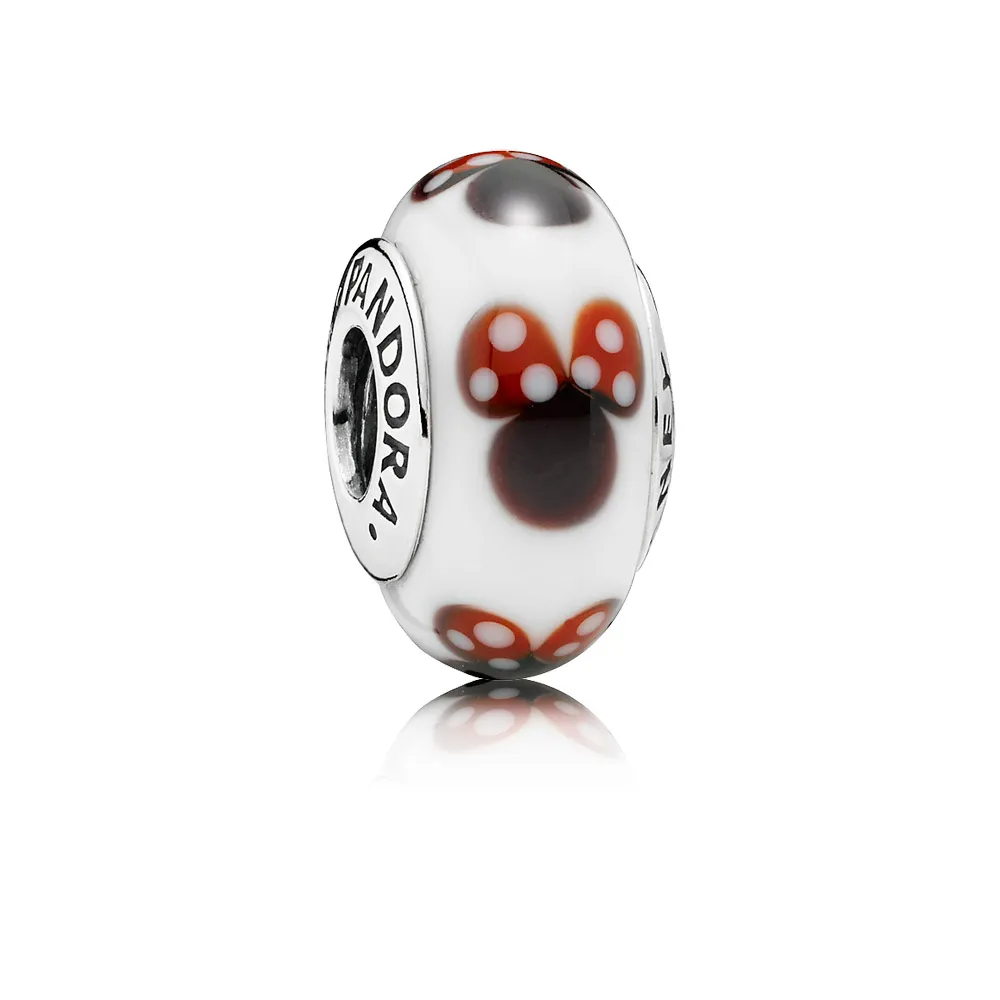 Disney Minnie silver charm with white, black and red Murano glass