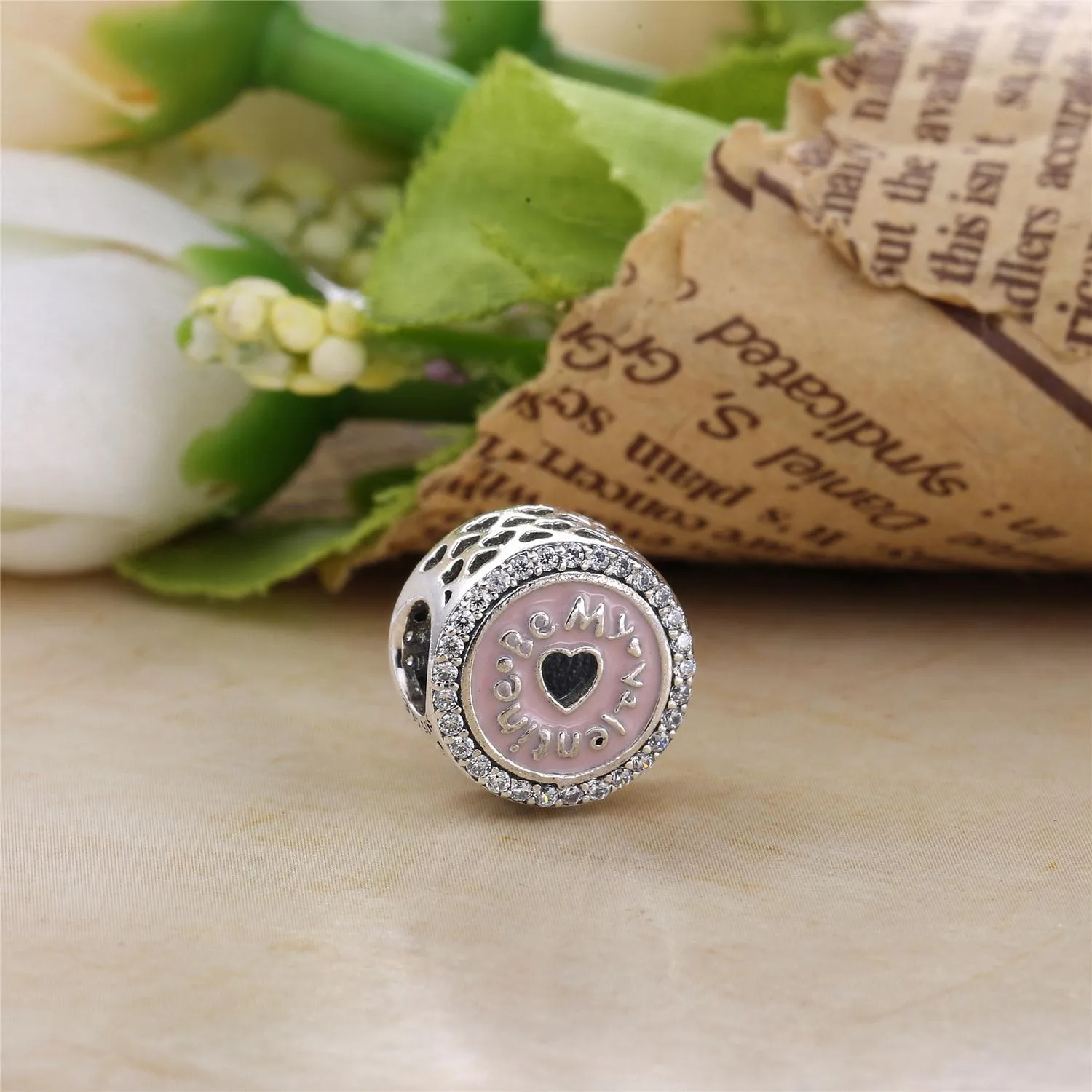 PANDORA Be my Valentine silver charm with clear cubic zirconia and pink - 792040CZ