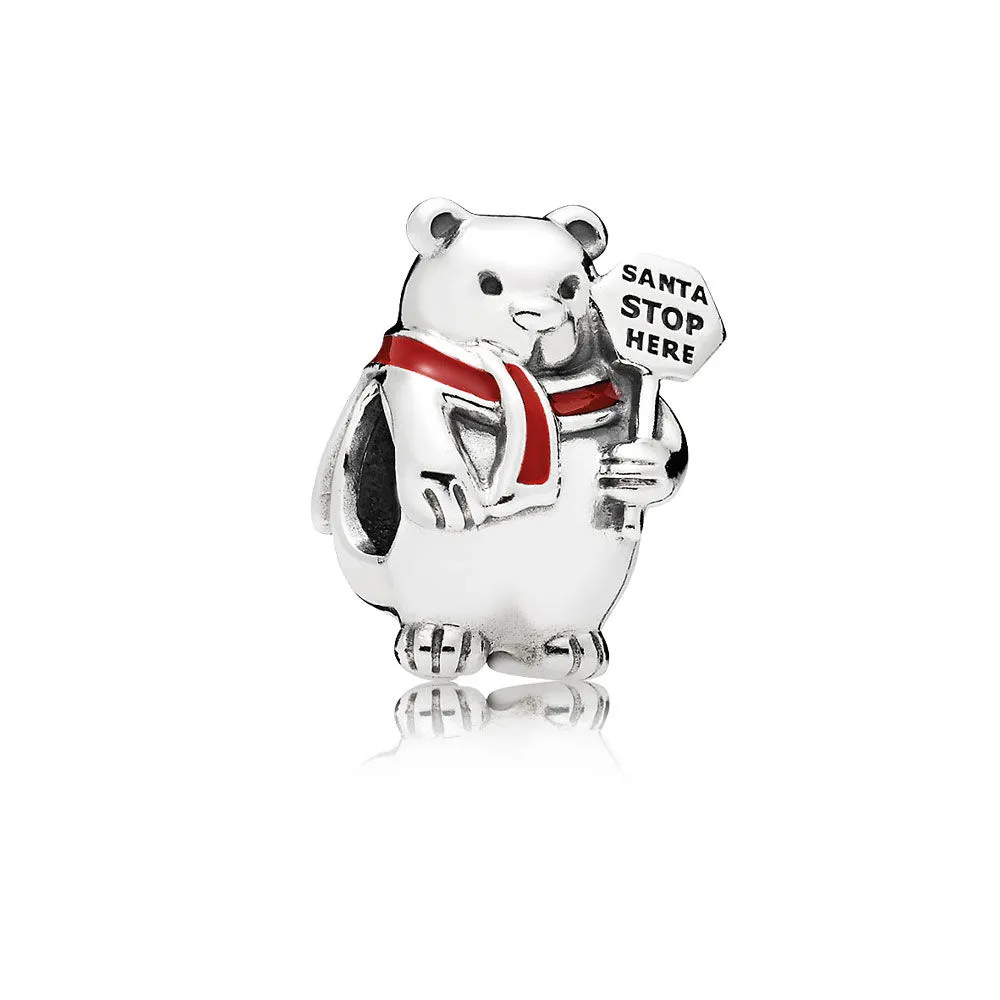 PANDORA Christmas Polar Bear Charm, Berry Red Enamel - 796466EN39