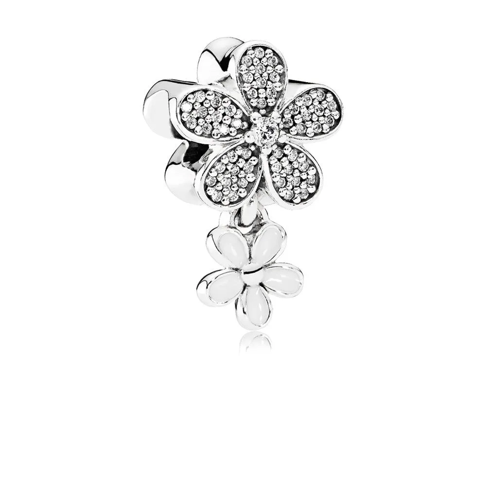 pandora dazzling daisy duo white enamel clear cz dangle charm 792098cz