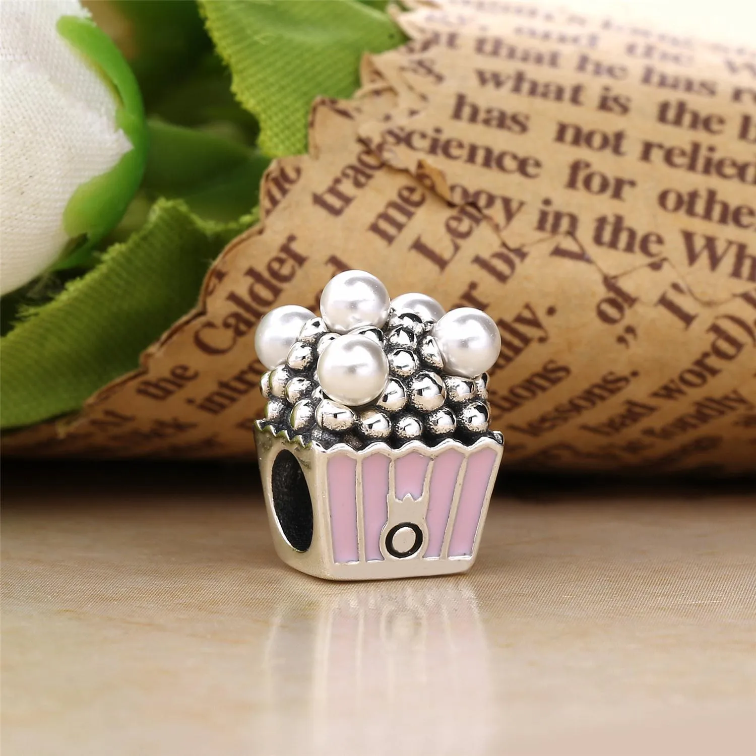 PANDORA Delicious Popcorn Charm, Pale Pink Enamel & White Crystal Pearls - 797213EN160